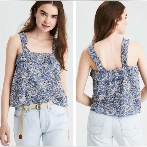 American Eagle Cotton/Viscose Embroidered Eyelet Ruffle Crop Top Size XS - Picture 1 of 6